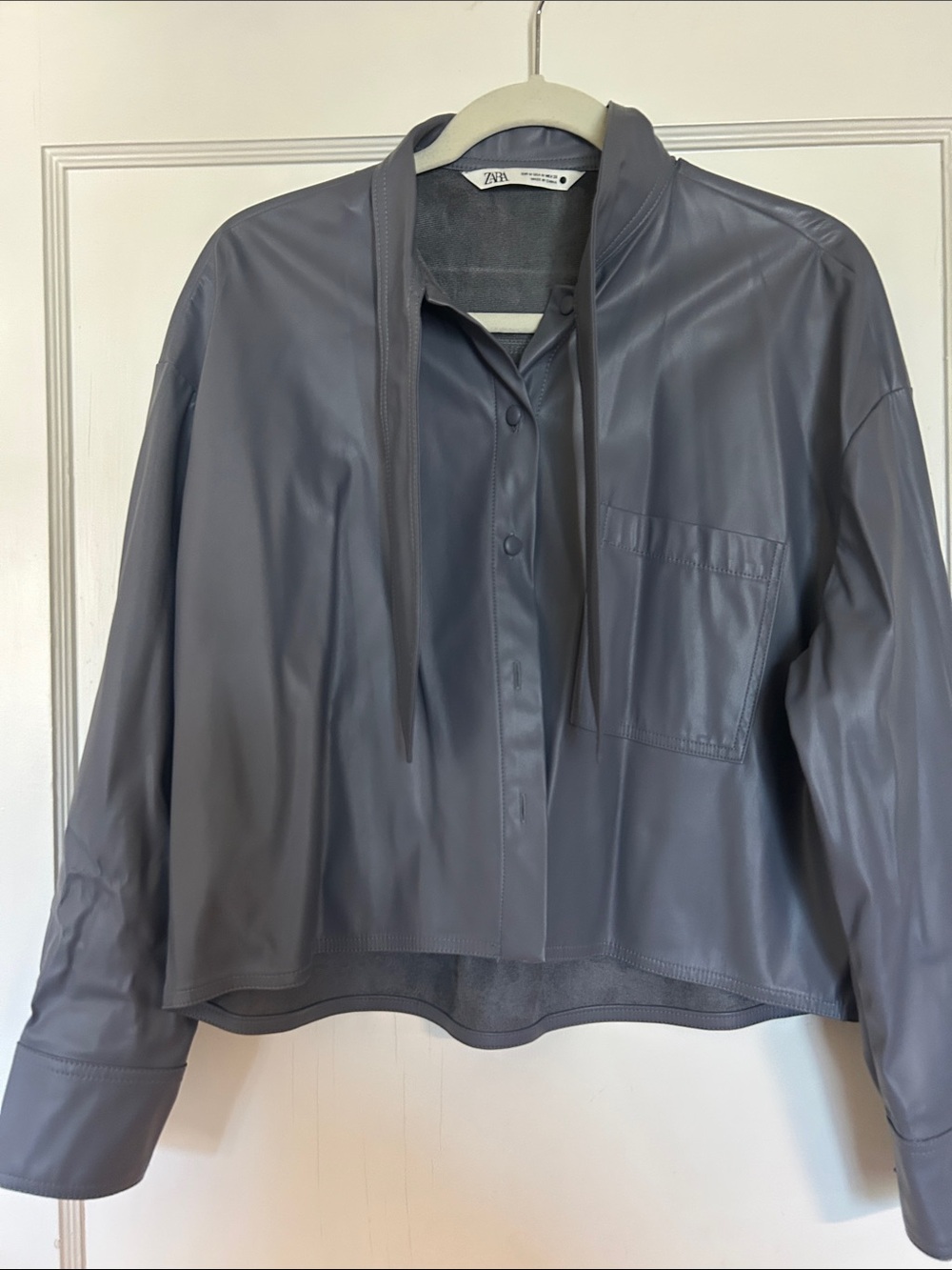 ZARA Slate Gray Cropped Faux Leather Jacket with Drawstring Collar